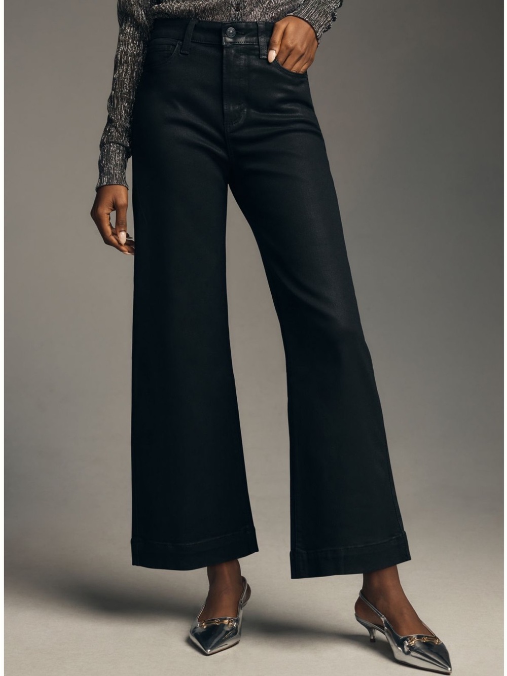 PAIGE Black coated High-Rise Wide Leg Jeans